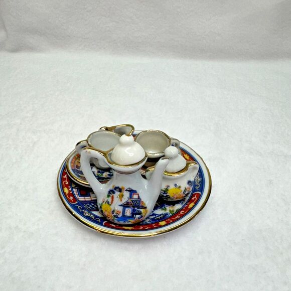 VTG 10pc Mini Chinese Porcelain Tea Set Chinoiserie Floral Design‎ Red Blue Gold - Picture 7 of 9